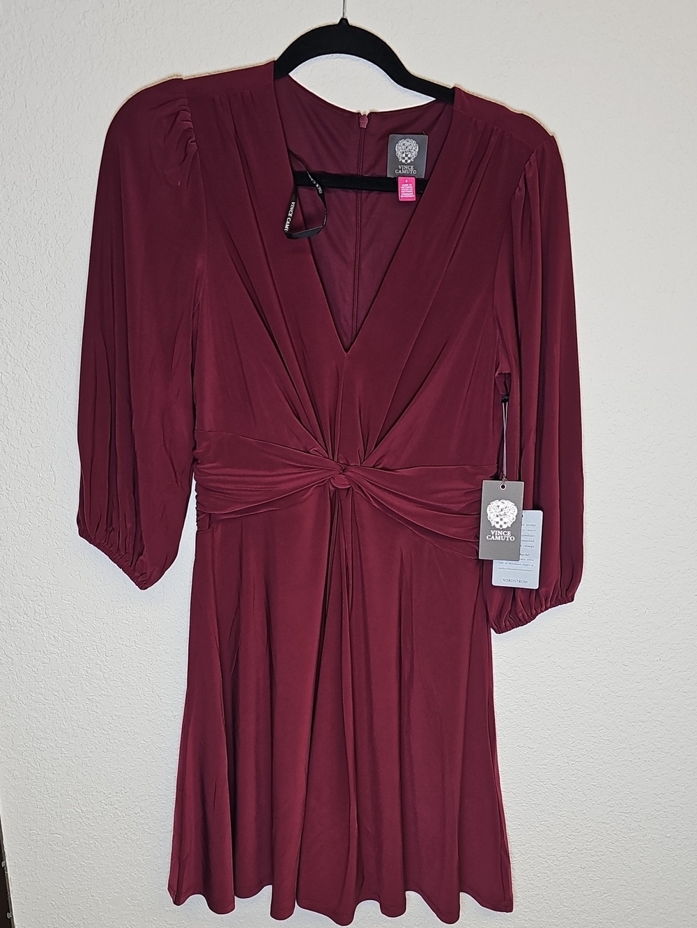 Vince Camuto Burgundy Knot-Front V-Neck Dress